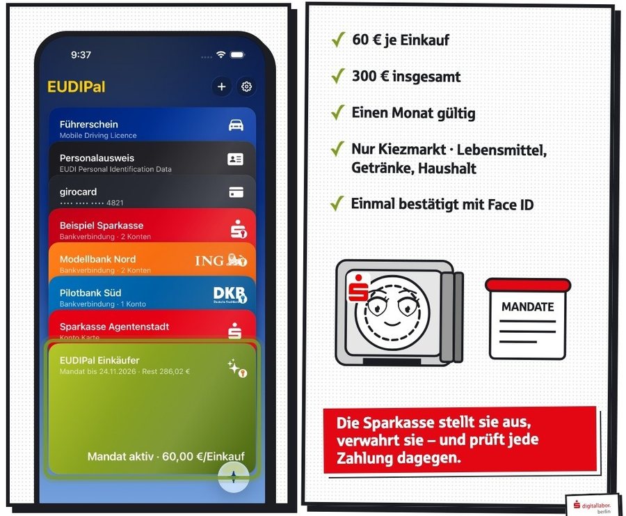 Szene aus dem Film: die Wallet EUDIPal mit der Karte des Einkaufs-Agenten und der Vollmacht, 60 Euro je Einkauf, 300 Euro insgesamt, einen Monat gültig.
